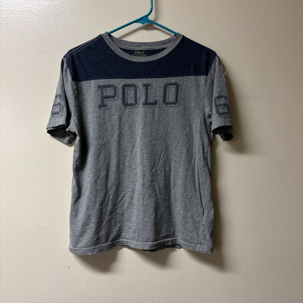 Polo Ralph Lauren Varsity 67 Spellout Shirt Boys Large Blue Gray Short Sleeve